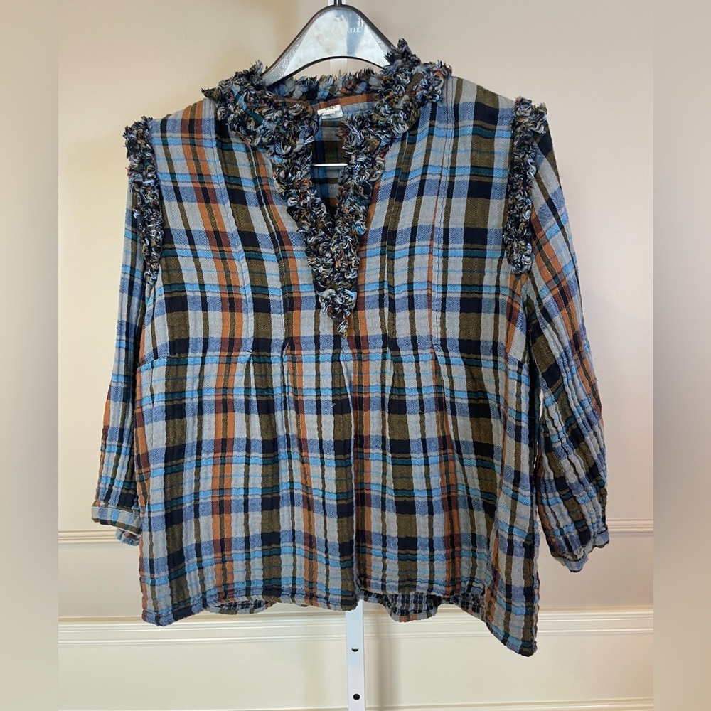 Ivy Jane Large Plaid & Ruffles Blouse Popover Gauze Top Blue Brown Rodeo Western